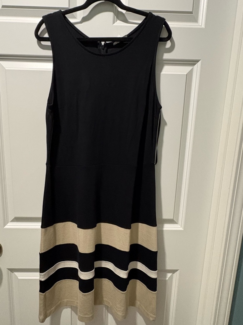 Charter Club Black Midi Dress with Beige and Cream Stripes